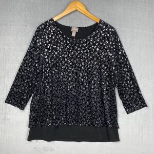 Chicos Top Womens 2 Large Black Cheetah Burnout Velvet 3/4 Sleeve Holidays NWT